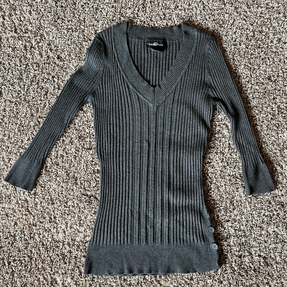 V-Neck Dressy Lightweight Longer Length Tunic Sweater Size Large Dark Gray EUC